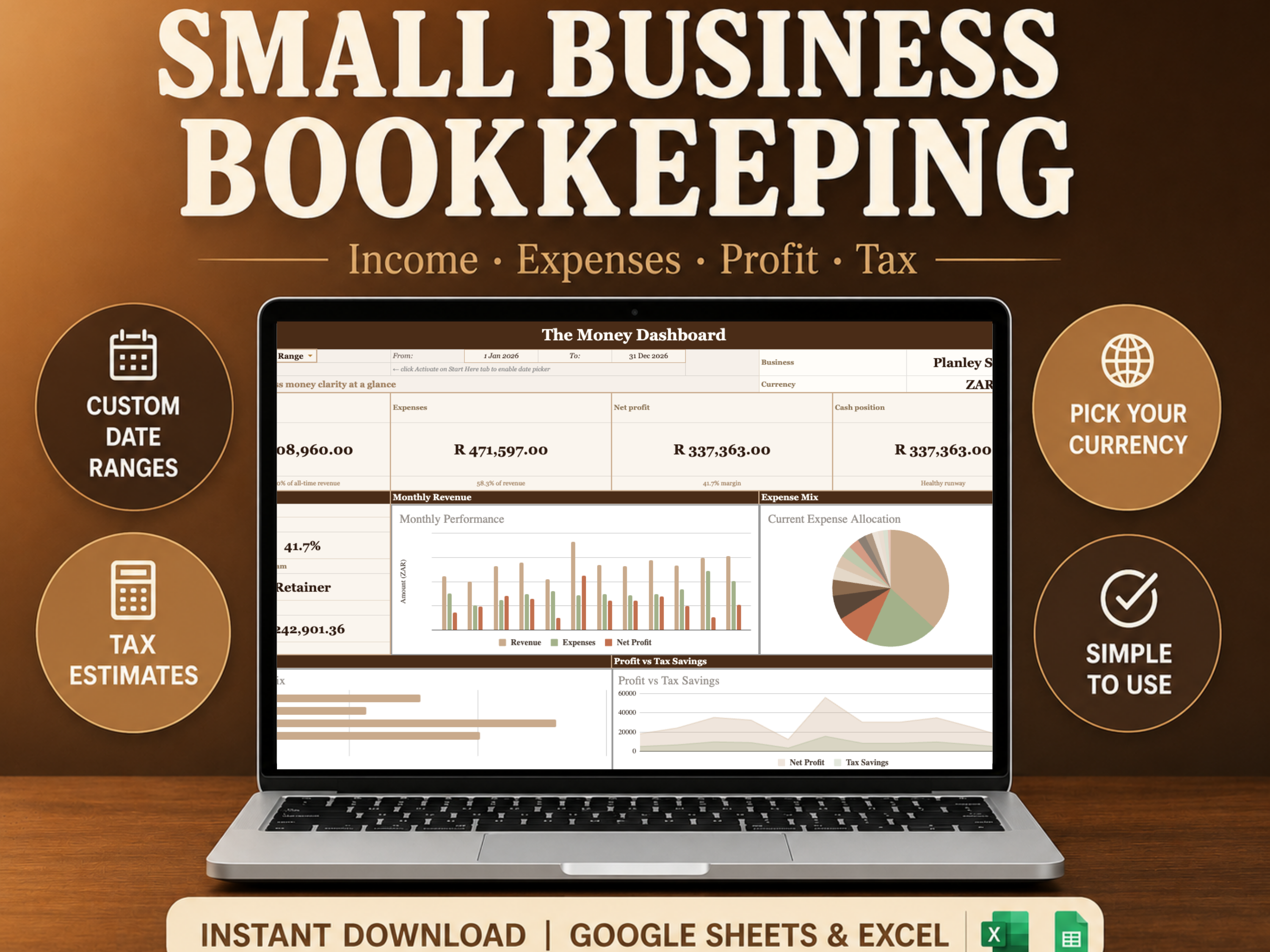 Small Business Bookkeeping Spreadsheet | Income, Expense, Profit & Tax Dashboard for Google Sheets & Excel